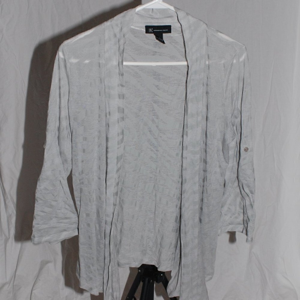 INC Womens Large Sheer Zebra Print Gray Cardigan Adjustable Tab Sleeve EUC
